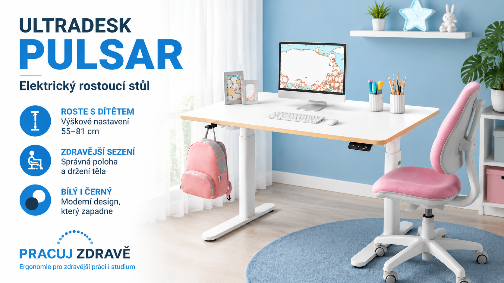 Elektrické nastavení výšky dětského stolu Ultradesk Pulsar od 55 do 81 cm