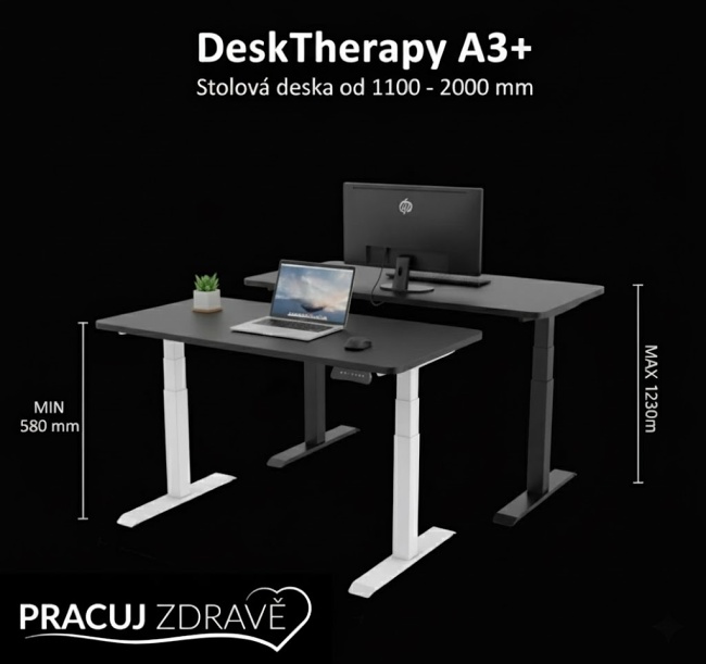 DeskTherapy A3+ – rozměry výškově nastavitelného stolu