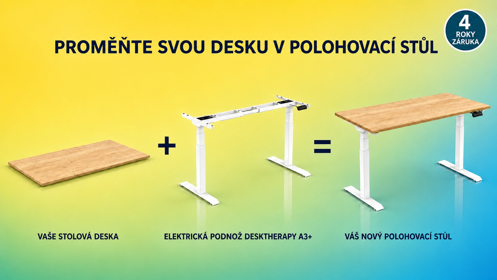 Vaše stolová deska a podnož DeskTherapy A3+ vytvoří nový polohovací stůl