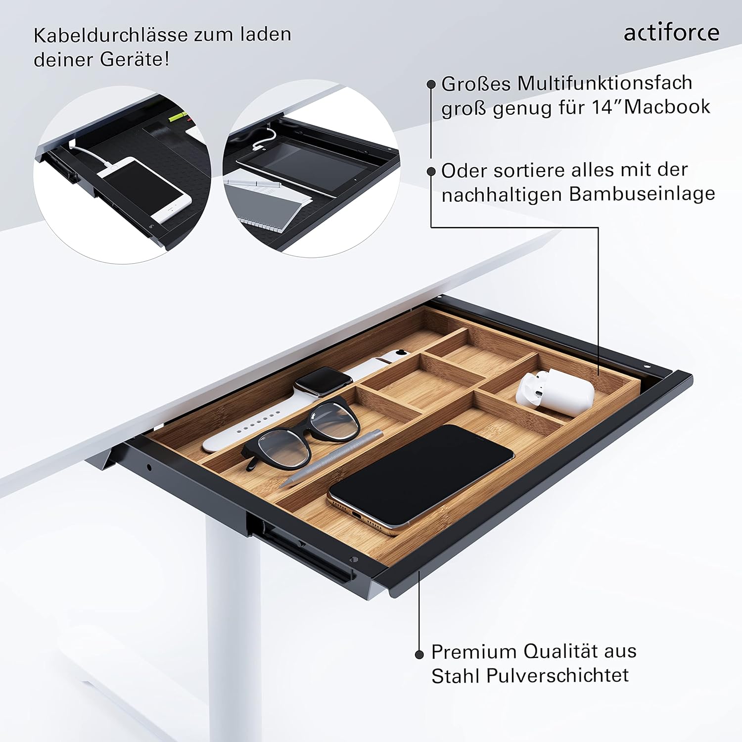 ACTIFORCE zásuvka pod stůl s bambusovým organizérem