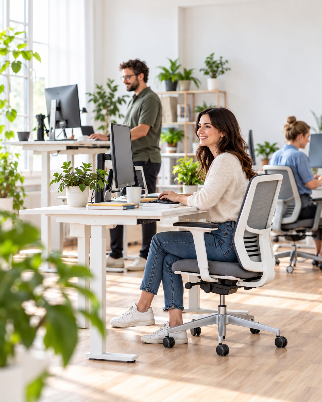 Ergonomické kancelářské pracoviště s výškově nastavitelnými stoly a kancelářskými židlemi