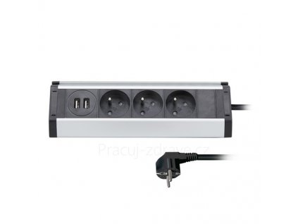 Solight prodlužovací přívod, 3 zásuvky + 2X USB, 1,5 m, 3 x 1mm2, hliník, rohový design