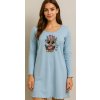 Dámská noční košile s dlouhým rukávem motiv sova světle modrá (Velikost M)