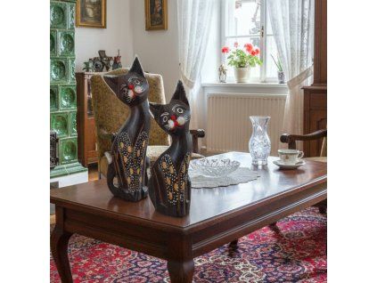 Kočka 2 x Socha Sada 1 Dřevo 25cm