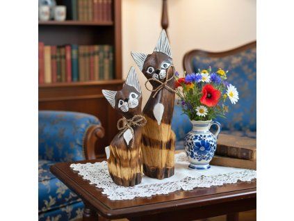 Kočka 2 x Socha Sada 2 Dřevo 25cm