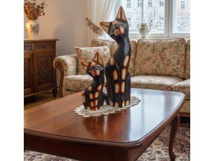 Kočka 2 x Socha Sada 3 Dřevo 25cm