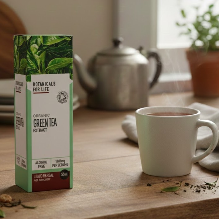 Box of Botanicals for Life Organic Green Tea Extract next to a steaming mug of tea on a wooden kitchen table.