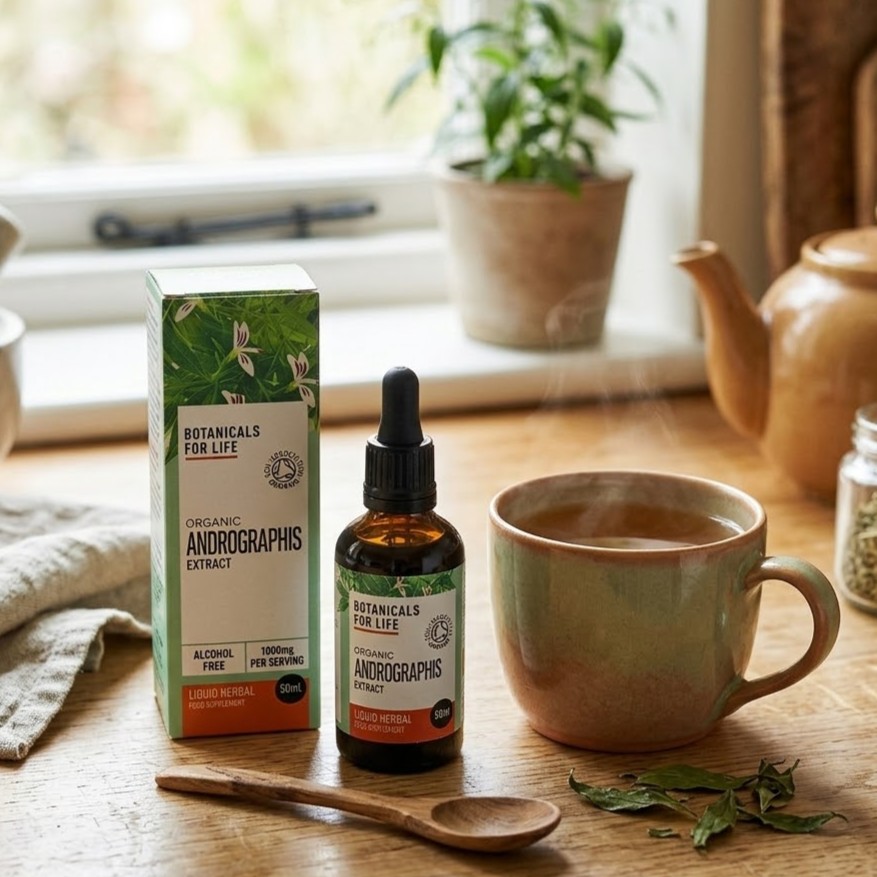 Bottle and box of Botanicals For Life Organic Andrographis Extract on a wooden table beside a steaming cup of herbal tea in a natural kitchen setting.