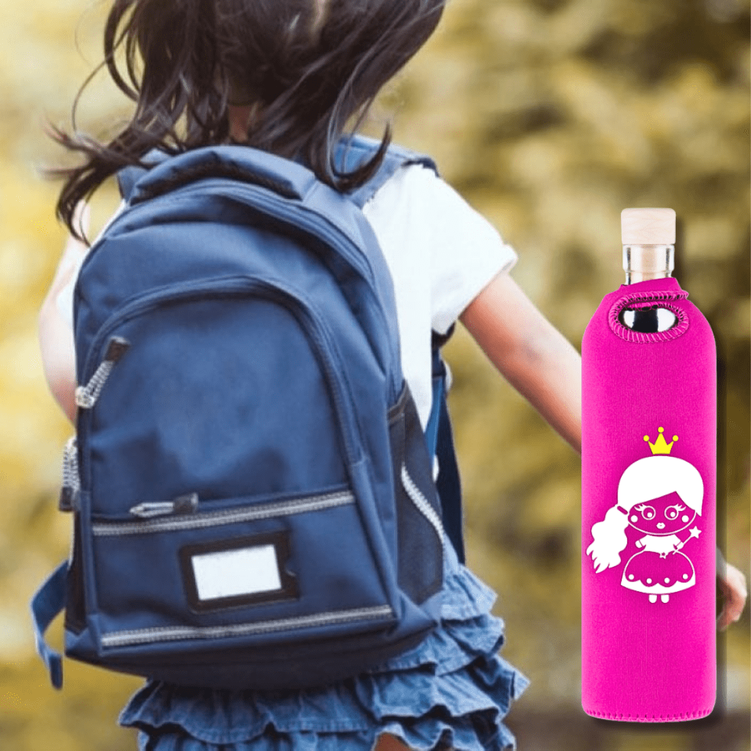 Child with blue backpack; pink neoprene sleeve with princess graphic on a glass bottle in the foreground.
