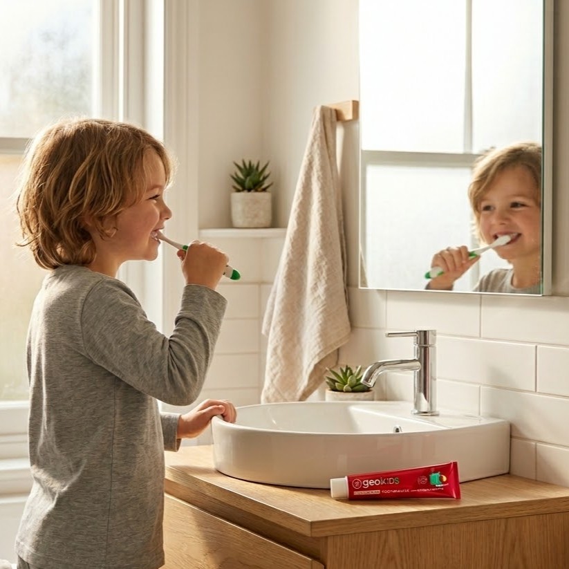 Child brushing teeth with a green toothbrush in a bright bathroom, with kids’ strawberry toothpaste placed next to the sink.