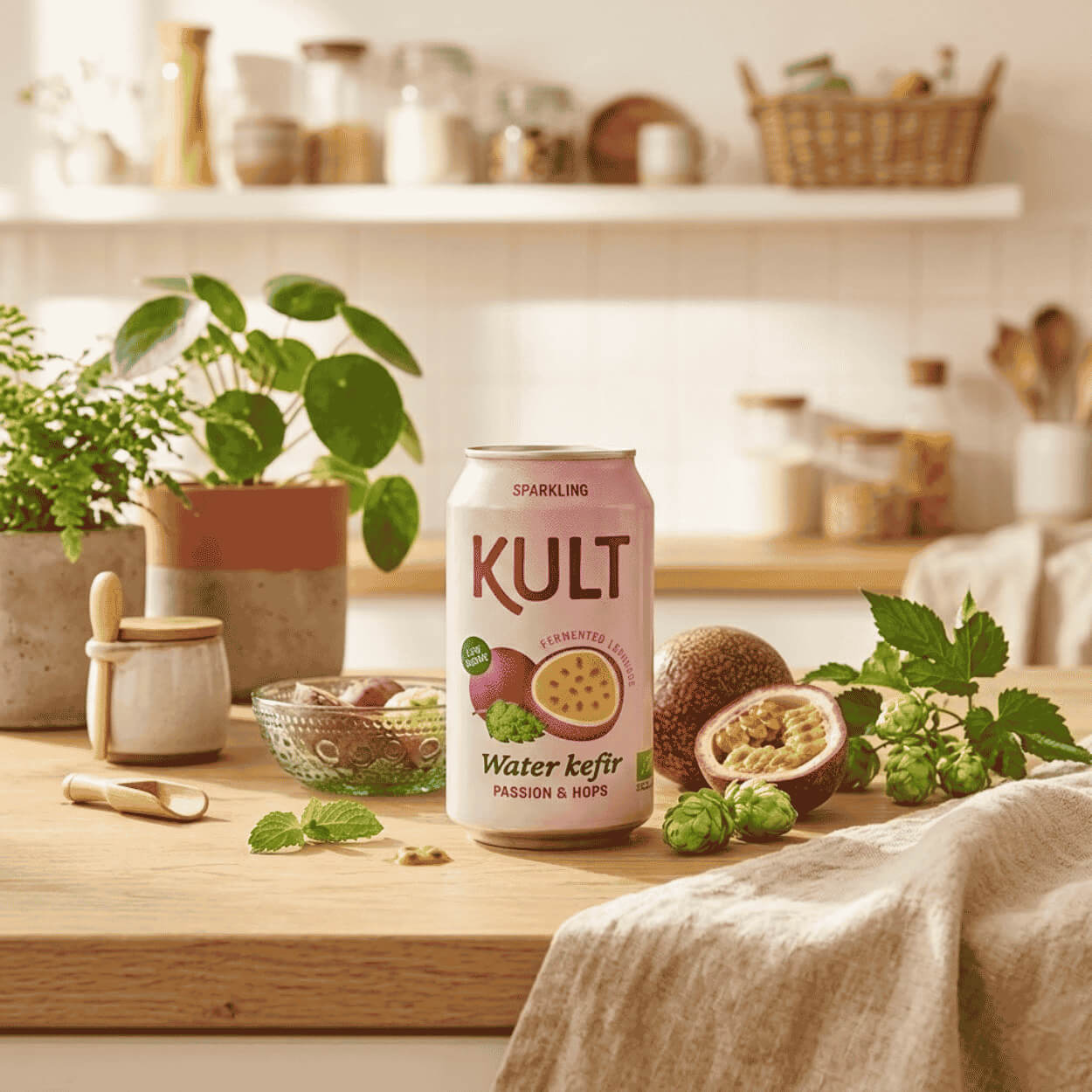 KULT Kefir Chmel a Mučenka – bio fermentovaný vodní kefír s mučenkou a chmelem Simcoe