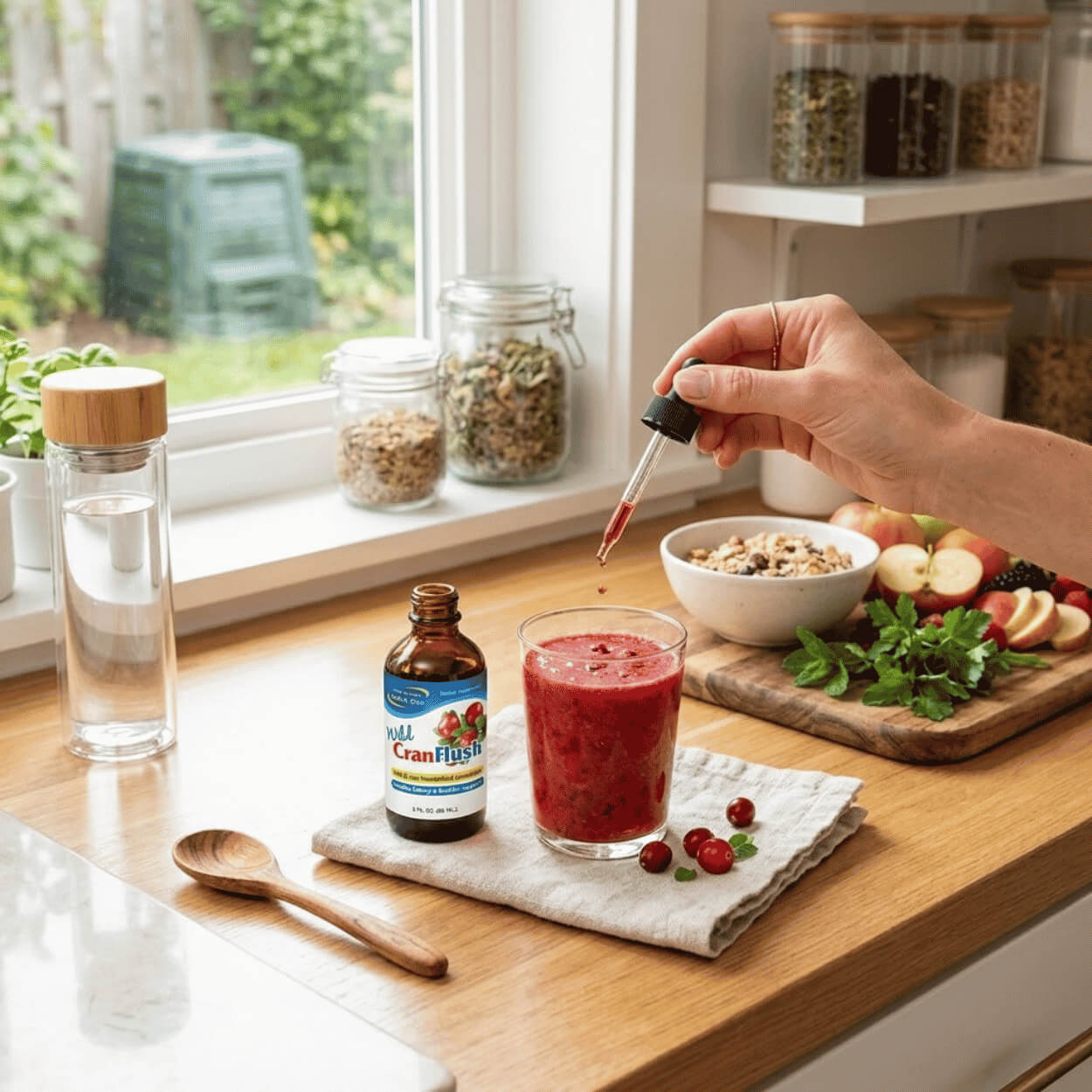 The image shows drops from a Wild Cranberry Extract - CranFLUSH bottle dropper falling into a red smoothie on a light kitchen counter with fruit