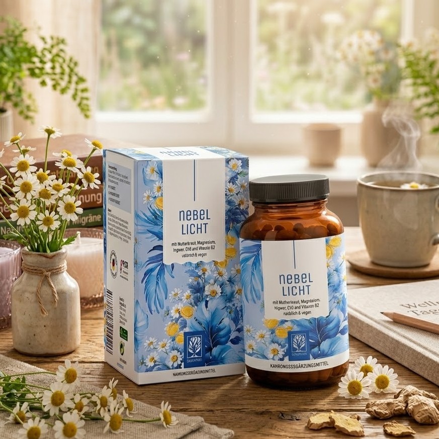 Natural supplement product “Nebel Licht” displayed with its box and amber bottle on a wooden table, surrounded by chamomile flowers, herbs, and warm sunlight.