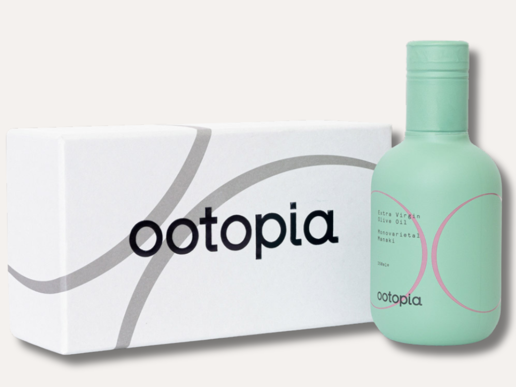Ootopia Manaki extra virgin olive oil gift box with mint-green bottle.