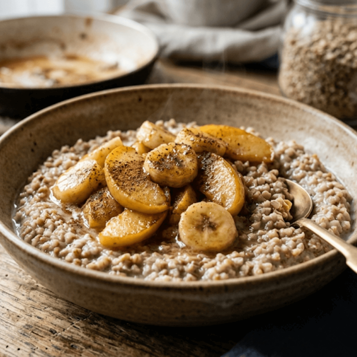 A bowl of textured buckwheat porridge topped with warm, caramelized apples and bananas dusted with cinnamon, served on a rustic wooden table with a gold spoon.