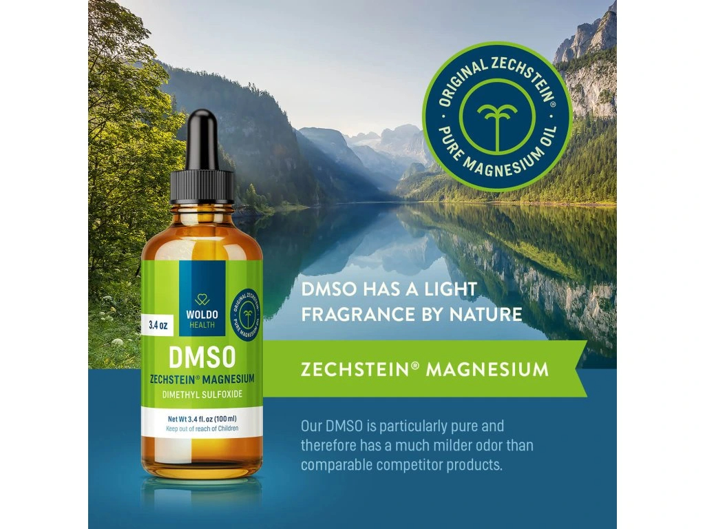 Woldohealth DMSO with light fragrance, featuring Zechstein pure magnesium oil, in a bottle with a dropper