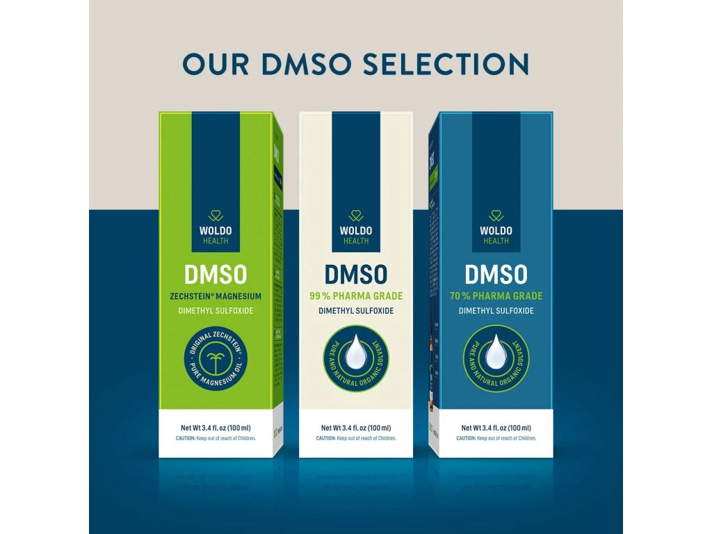 Woldohealth DMSO product selection, including Zechstein magnesium 60%, DMSO 99%, and DMSO 70% bottles