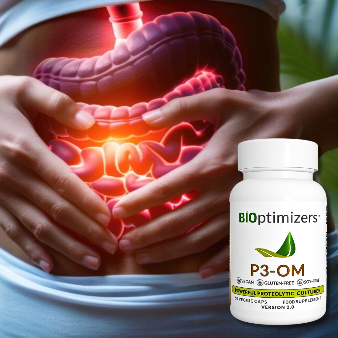 BiOptimizers P3-OM probiotic bottle beside a stylized glowing digestive system, symbolizing gut health and digestion support.