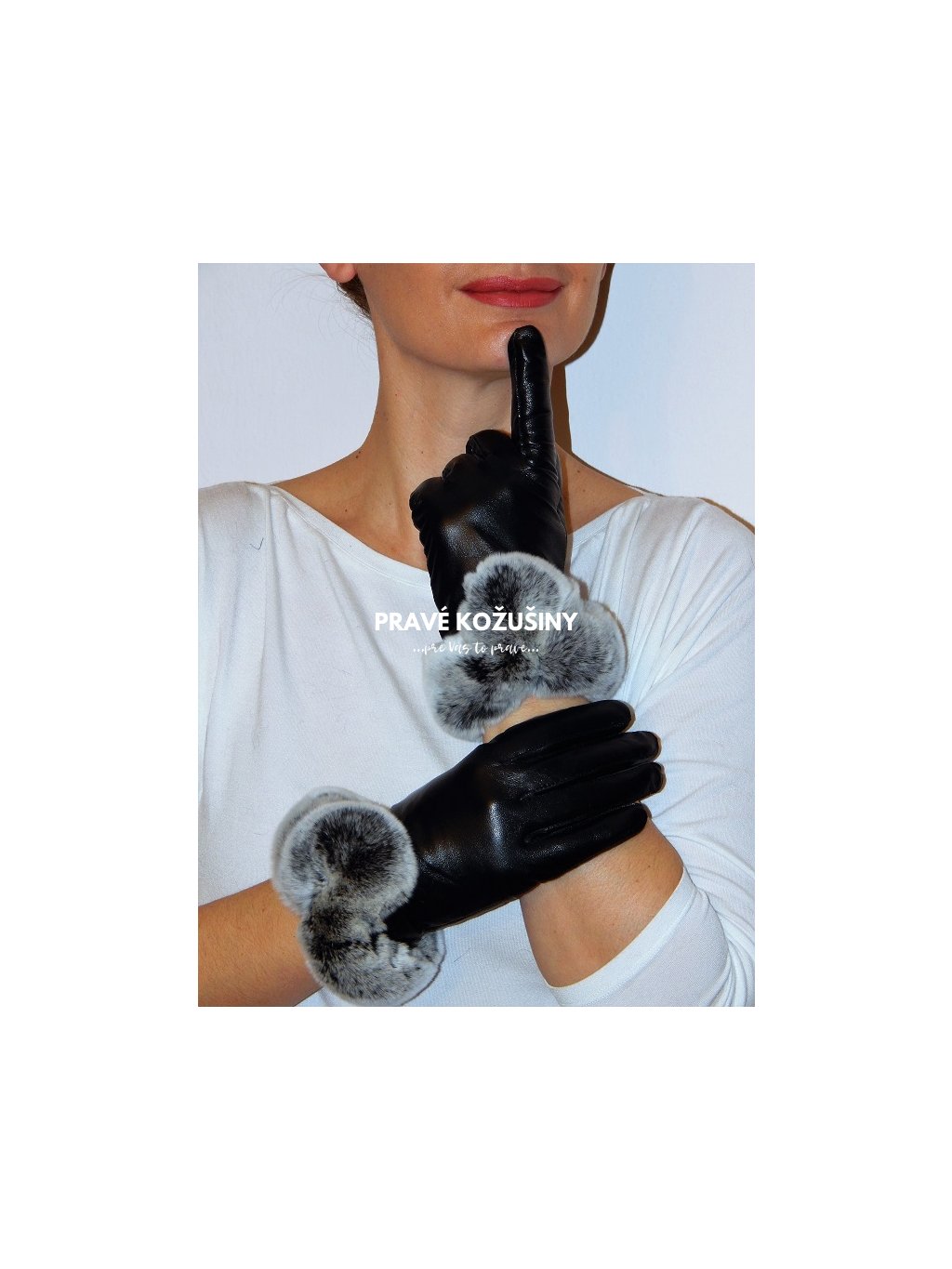 Čierne kožené rukavice s pravou kožušinou králika, R7S01