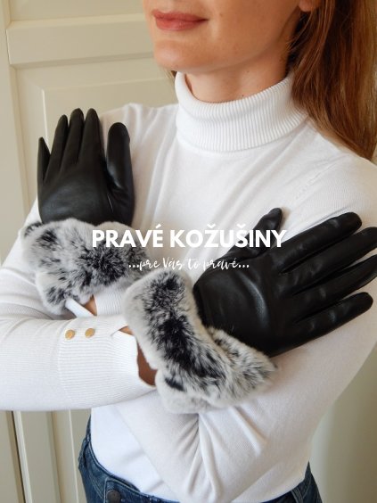 Čierne kožené rukavice s lemovaním z králika, R7S26