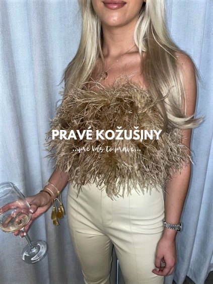 Hnedý bandeau crop top z vtáčieho peria, T01