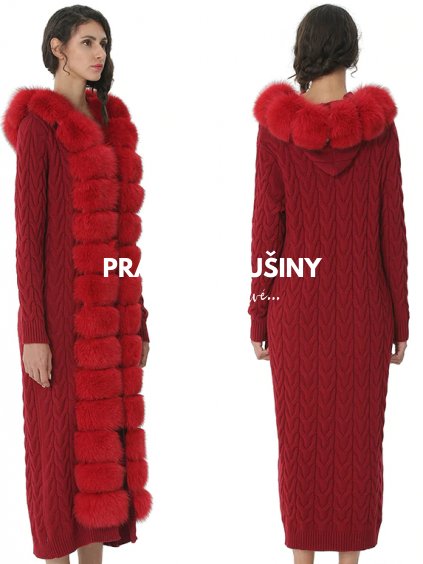 Červený sveter LEANA s kapucňou a lemovaniami z pravej líšky, Sv12