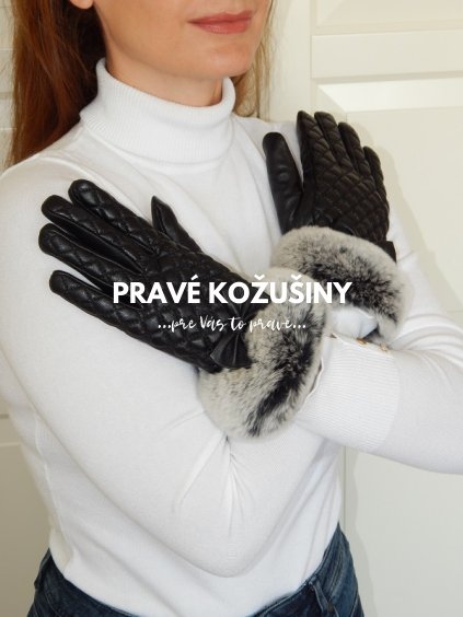 Čierne kožené prešívané rukavice s králičou kožušinou, R7S10