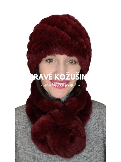 Bordový set čiapky a šálu z králičiny, Se27