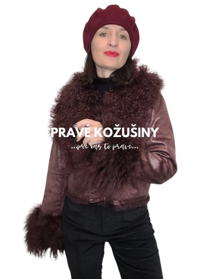 Bordový semišový kožúšok s mongolskou ovcou-zvnútra králik, K309