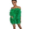 Svieže zelené mini šaty s dlhým vtáčím perím, S01