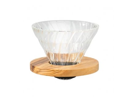 Hario designový skleněný dripper V60-02 se stojánkem z olivového dřeva