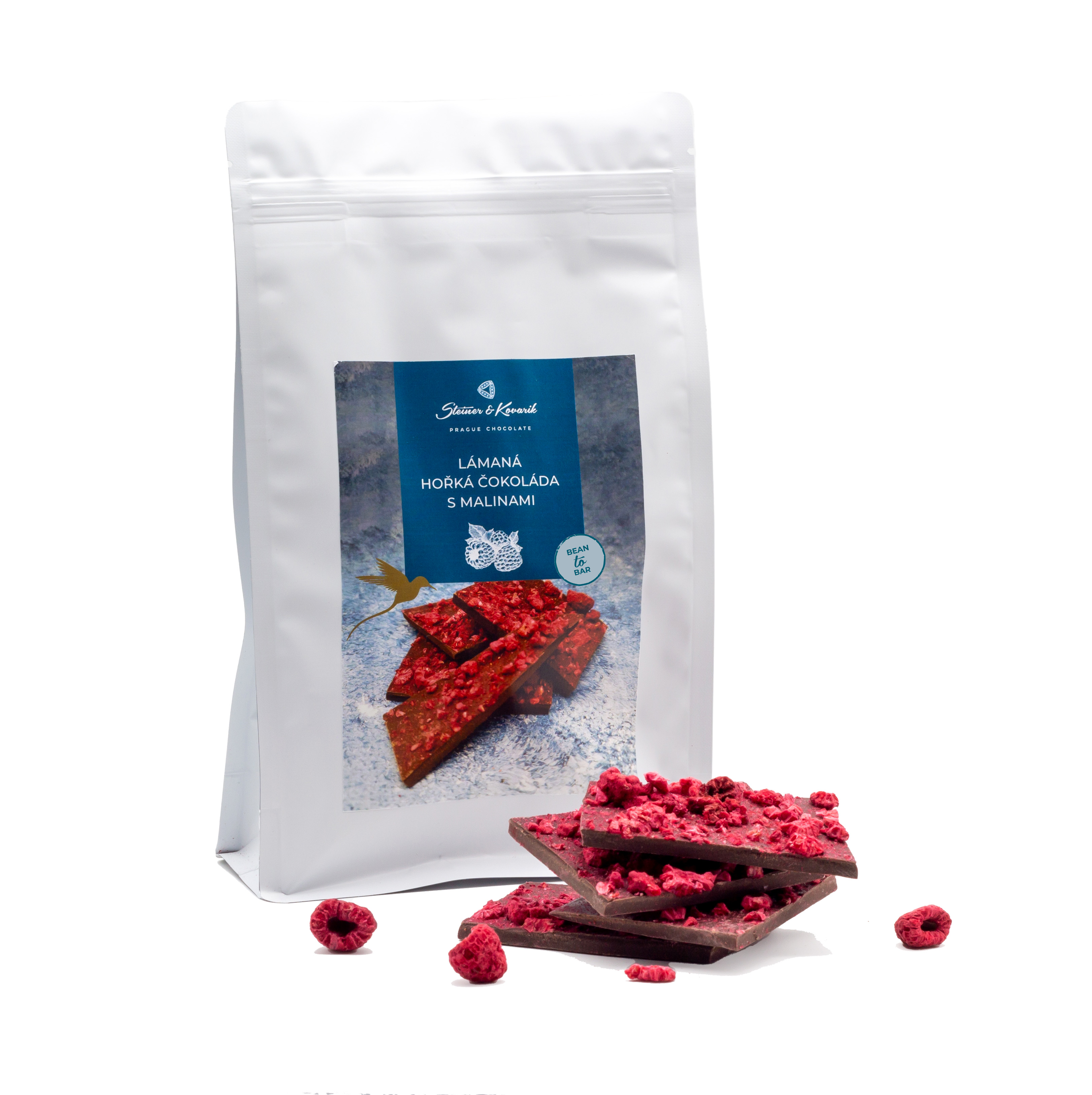 Lámaná hořká čokoláda s lyofilizovanými malinami, 300g