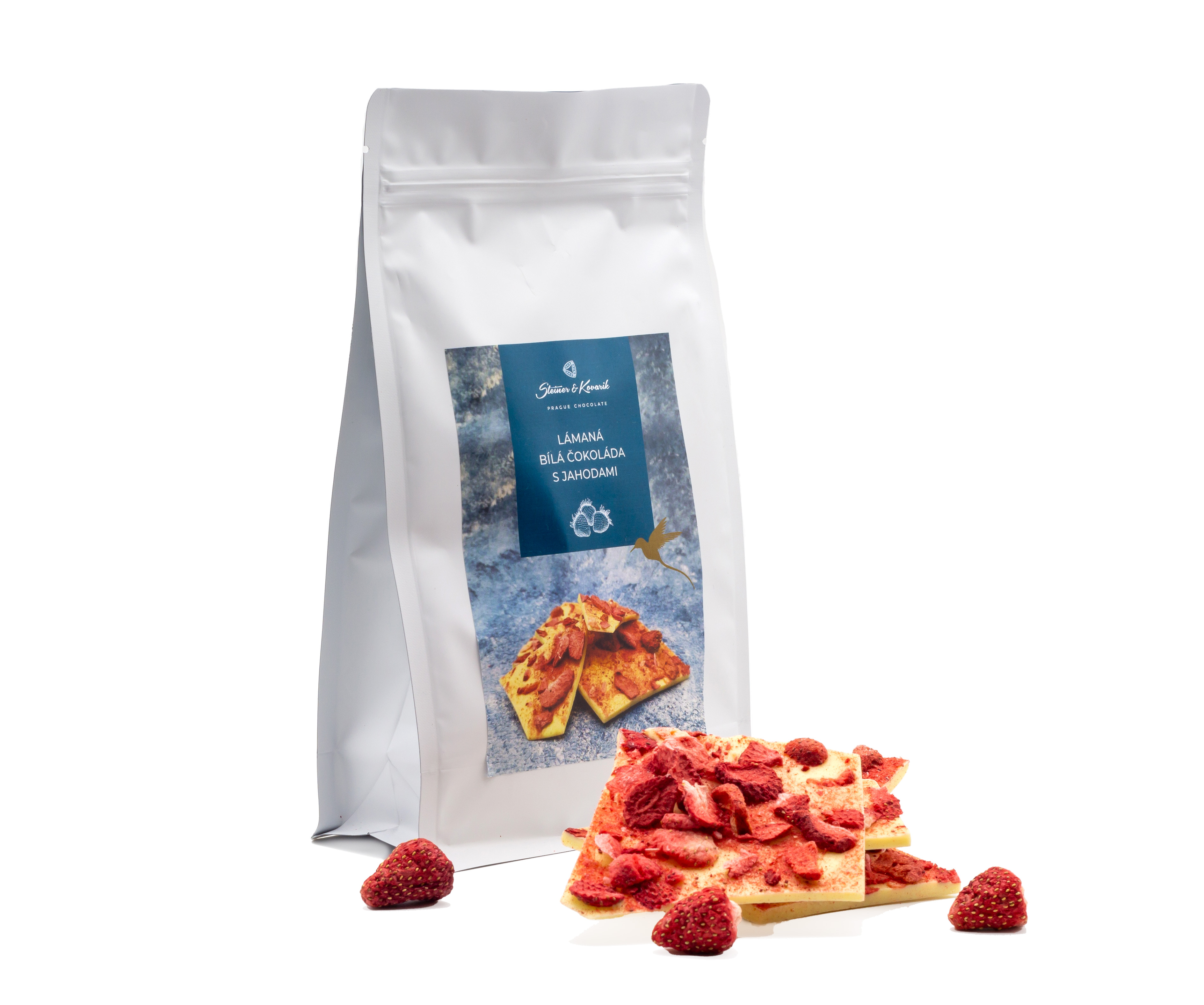 Lámaná bílá čokoláda s lyofilizovanými jahodami, 300g