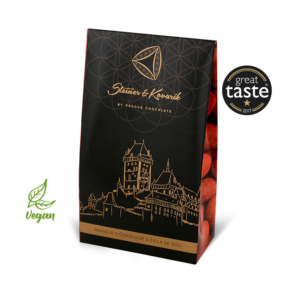 Karlovy mandle v hořké čokoládě a v chilli se solí, 90g