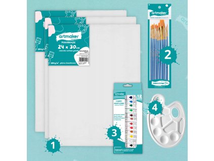 Kreativní malířský set – plátna 24×30 cm, akrylové barvy, štětce a paleta