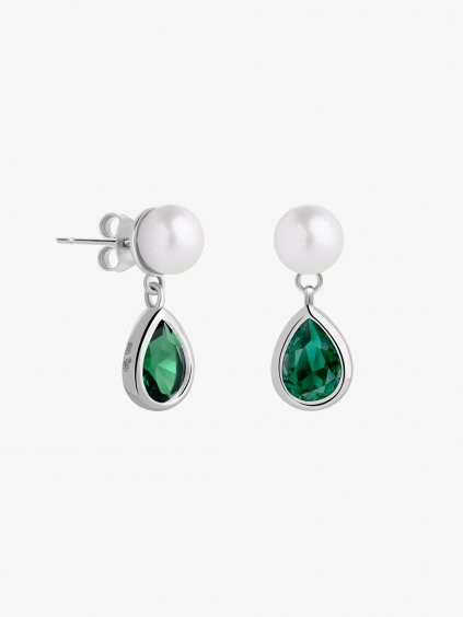 Stříbrné náušnice Pure Pearl s říční perlou a kubickou zirkonií Preciosa, emerald