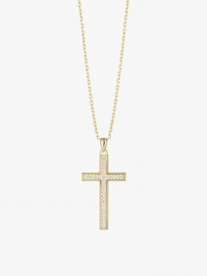 Pozlacený stříbrný přívěsek s řetízkem Cross, křížek s kubickou zirkonií Preciosa