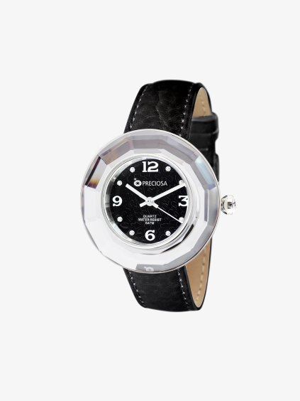 Hodinky Crystal Time s českým křišťálem Preciosa, černé, černý prošívaný řemínek