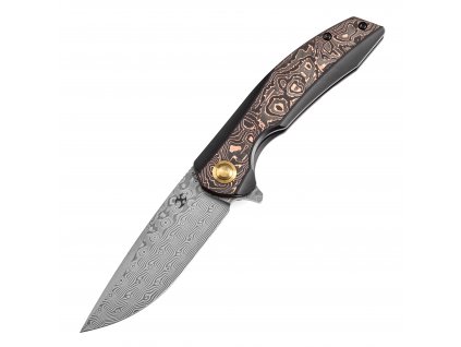 Kansept Accipiter Framelock Black Titanium Flipper Knife Copper Carbon Fiber Inlay, Damascus Blade, Kim Ning Design, K1007E4