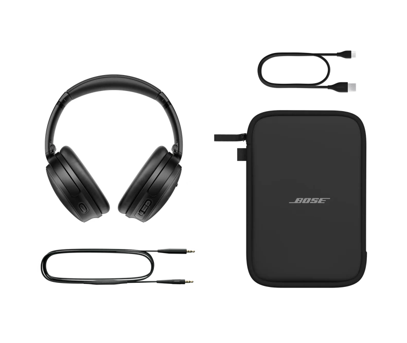 Obsah balenia Bose QuietComfort SC: čierne slúchadlá, mäkké puzdro a dva káble