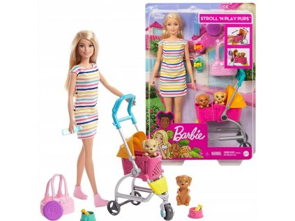 Barbie Doll Farbysitter a kočík so psami