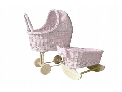 Wicker Trolley + Pink Doll Cradle