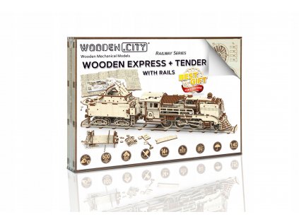 Drevené 3D puzzle - Woden Express vlak s koľajnicou