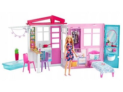 Barbie, útulný dom + bábika, prenosný singel -podlah