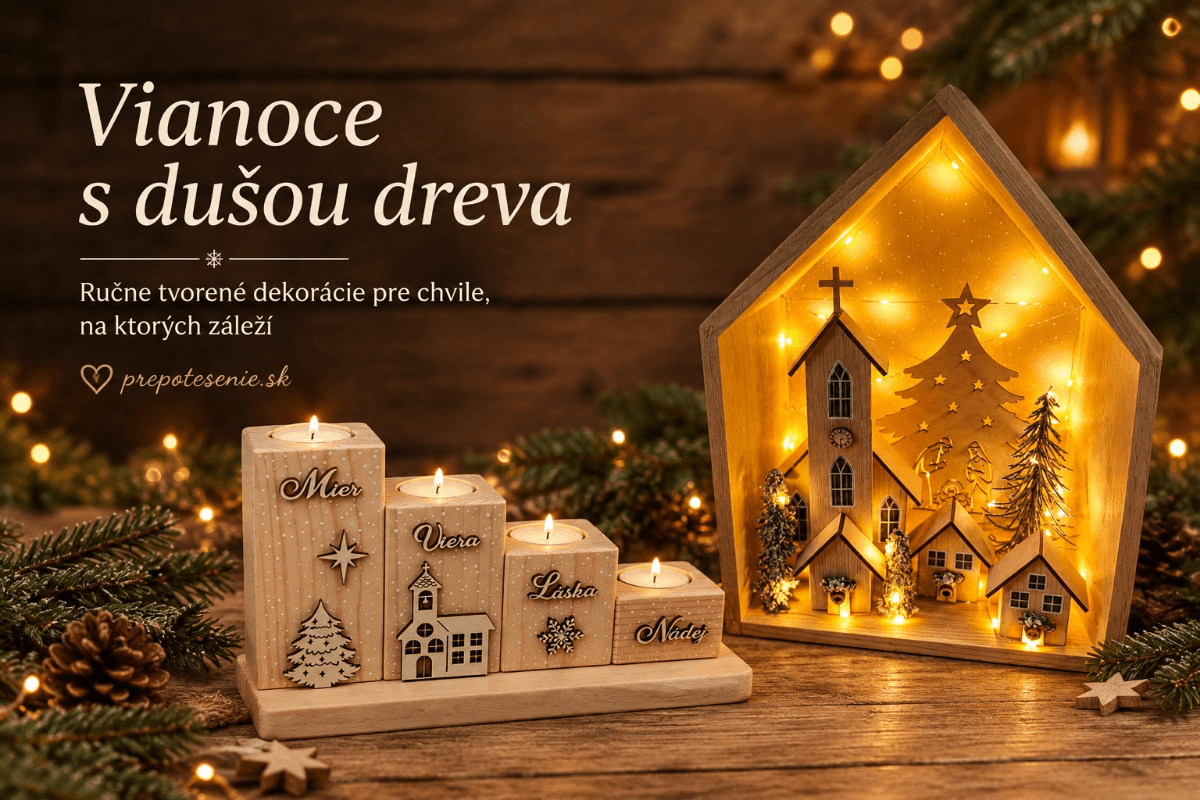 Vianočné drevené dekorácie a adventné svietniky s teplým LED osvetlením – originálne handmade výrobky pre útulné Vianoce od Pre potešenie.