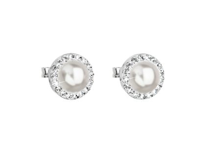 Strieborné náušnice kôstka s krištáľmi Swarovski a bielou perlou okrúhle 31214.1