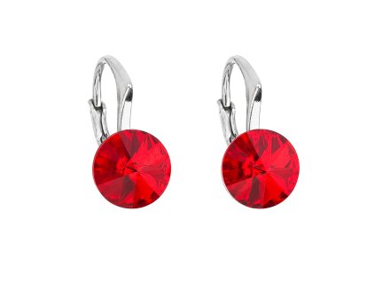 Strieborné náušnice visiace s krištáľmi Swarovski červenej okrúhle 31229.3