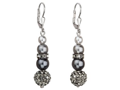 Strieborné náušnice visiace so syntetickými perlami a Preciosa krištáľmi šedé okrúhle 31149.3