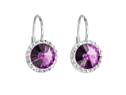 Strieborné náušnice visiace s krištáľmi Preciosa fialové okrúhle 31216.3 amethyst