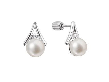 Strieborné náušnice kôstky trojuholník so zirkónmi a riečnou perlou bielej 21083.1B